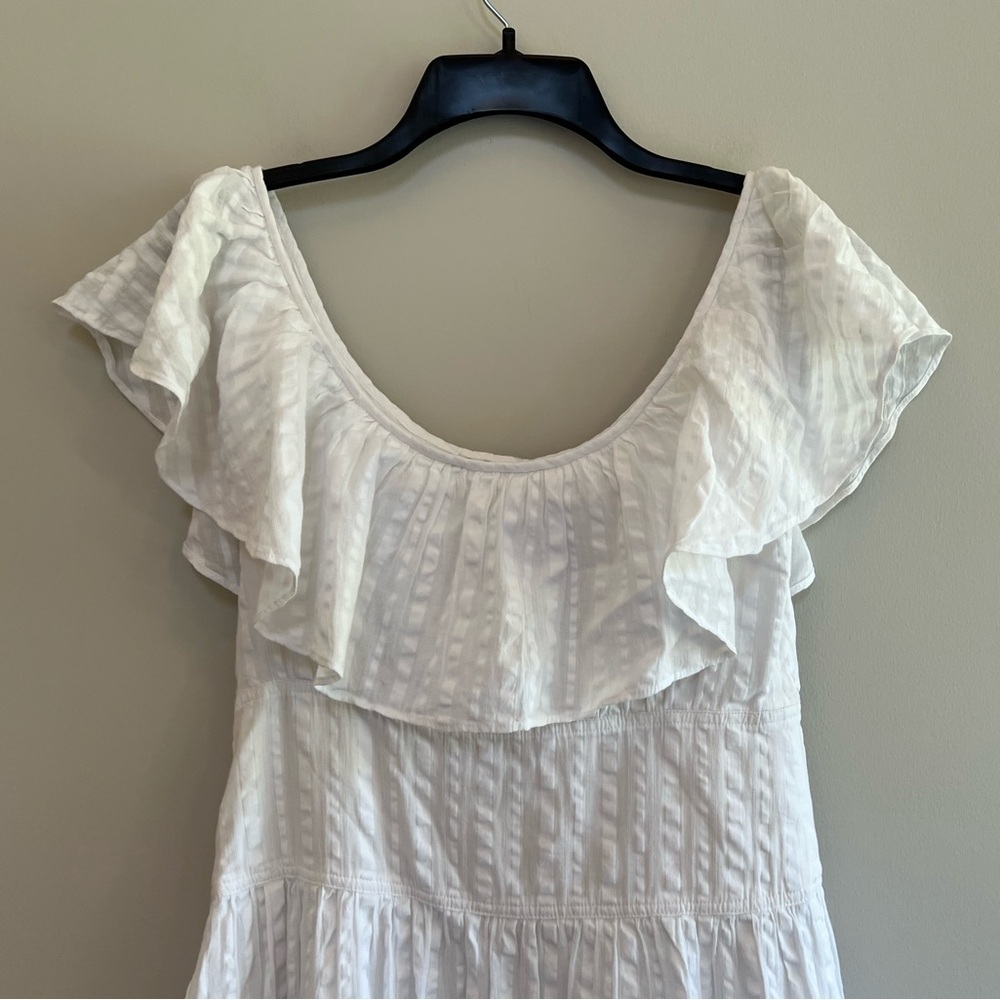Tory Burch Off Shoulder White Cotton Seersucker Striped Ruffle Dress, size 2 - Picture 7 of 13